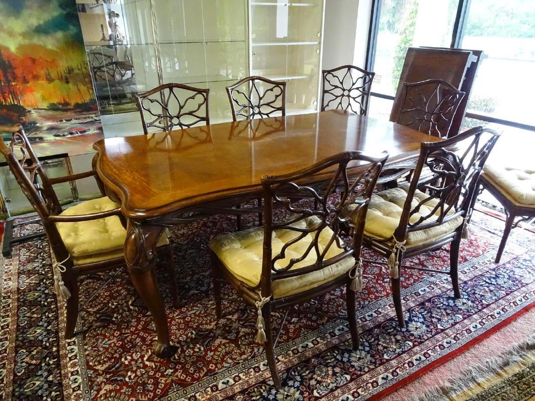 HENREDON FORMAL DINING SET: INLAID MARQUETRY TOP TABLE WITH TWO LEAVES. INCLUDES 8 FERGUSON COPELAN LTD. PAVILION CHAIRS. TABLE MEASURES 78"L, 48"W, 31"H WITH TWO 24" LEAVES. OVERALL EXCELLENT CONDITION.