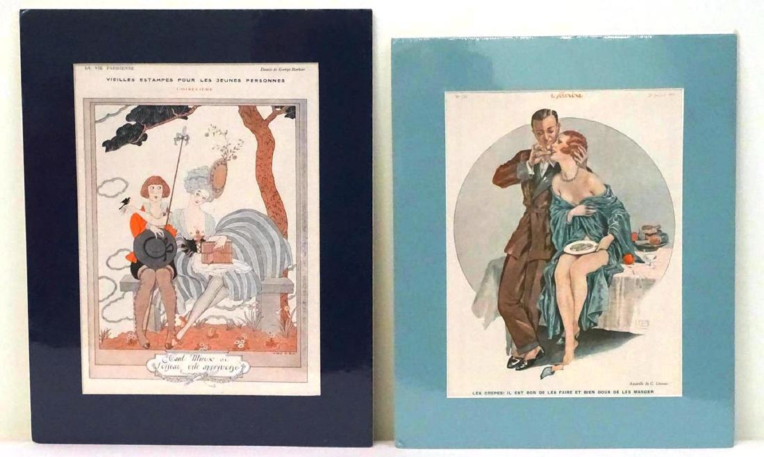 PAIR OF ART NOUVEAU MATTED PRINTS: GEORGE BARBIER "LA VIE PARISIENNE", 1919 AND G. LEONNEC, 1931. 12.75"X15.5"