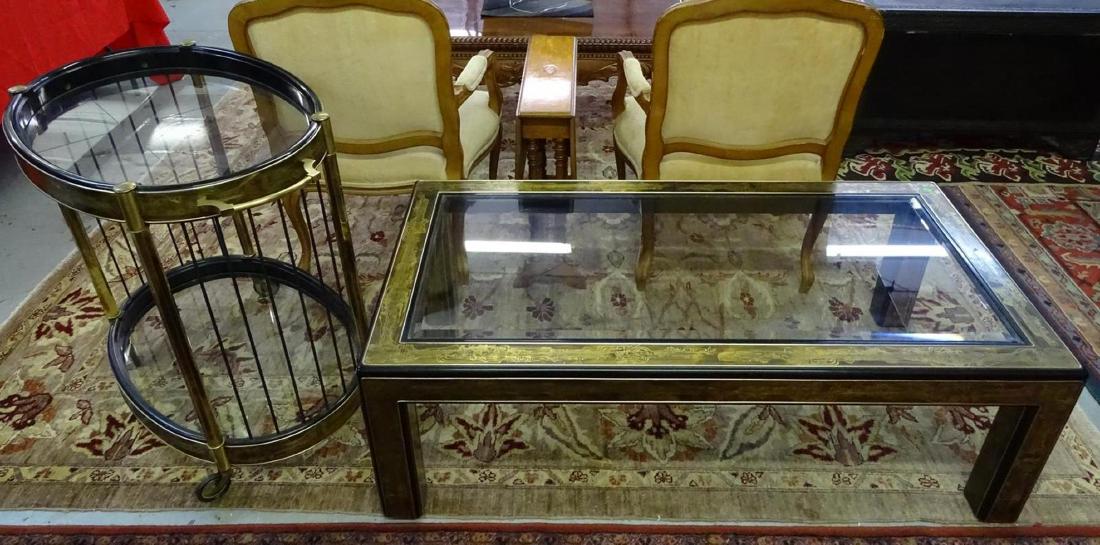 CHINESE BRASS CLAD TABLE AND TEA CART: TABLE HAS A FEW METAL PANELS OFF, PANELS INCLUDED.