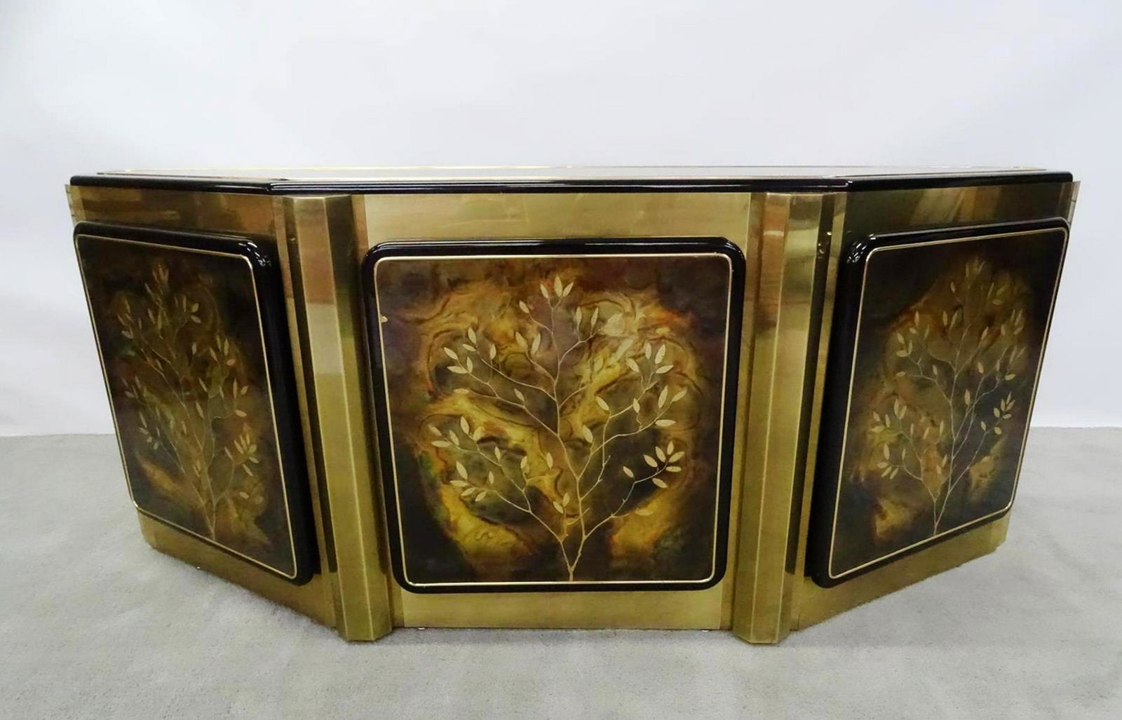 BERNARD ROHNE FOR MASTERCRAFT CABINET: BRASS, ACID ETCHED PANELS. 72W, 18D, 31H