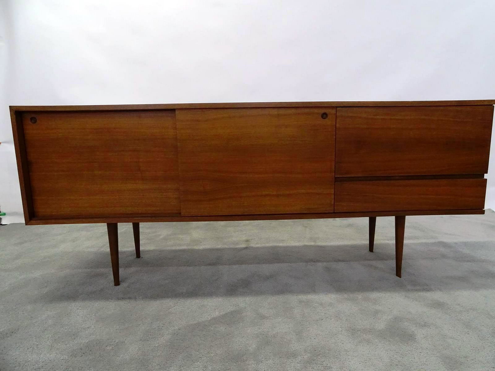 MID-CENTURY WALNUT CREDENZA: MICA TOP. 72W, 18D, 30H