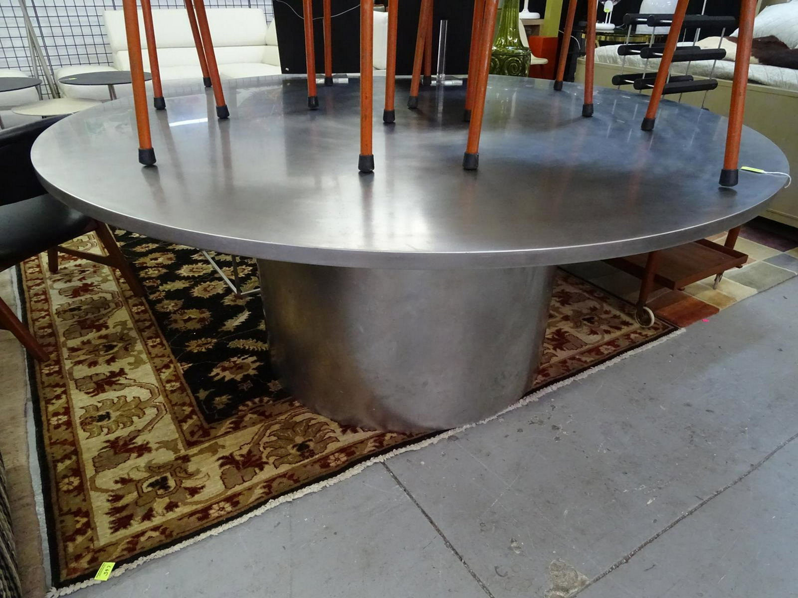 LARGE STAINLESS STEEL DRUM DINING TABLE: 72" DIA.