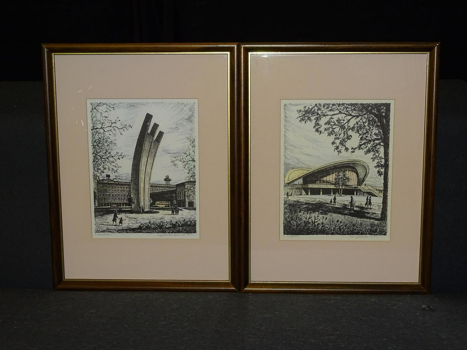 PAIR ARCHITECTURAL ETCHINGS: MID-CENTURY BUILDING AND MODERN SCULPTURE, BERLIN, GERMANY. 13X17