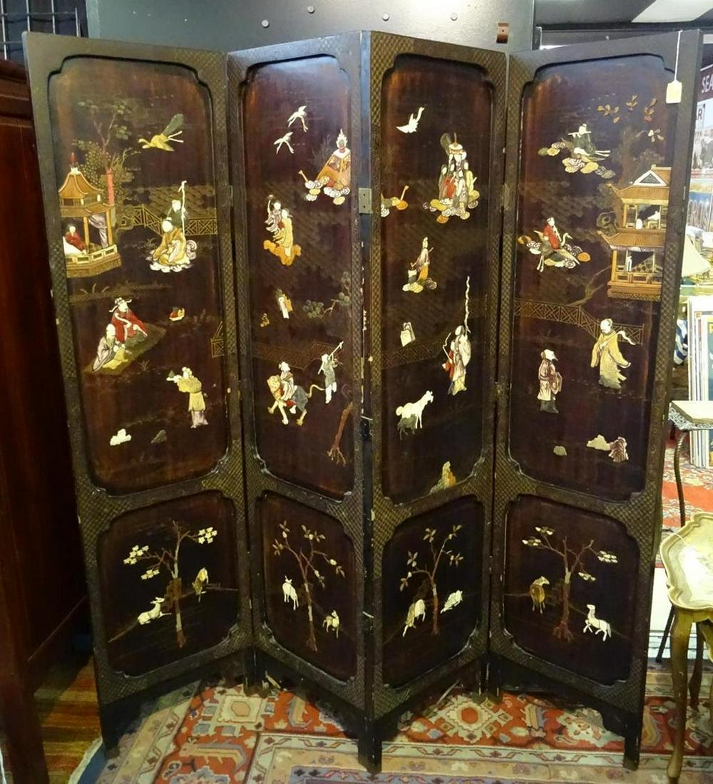 CHINESE COROMANDEL ROOM SCREEN: 4 PART WITH HARDSTONE, IVORY INLAY. 70"W, 71"H