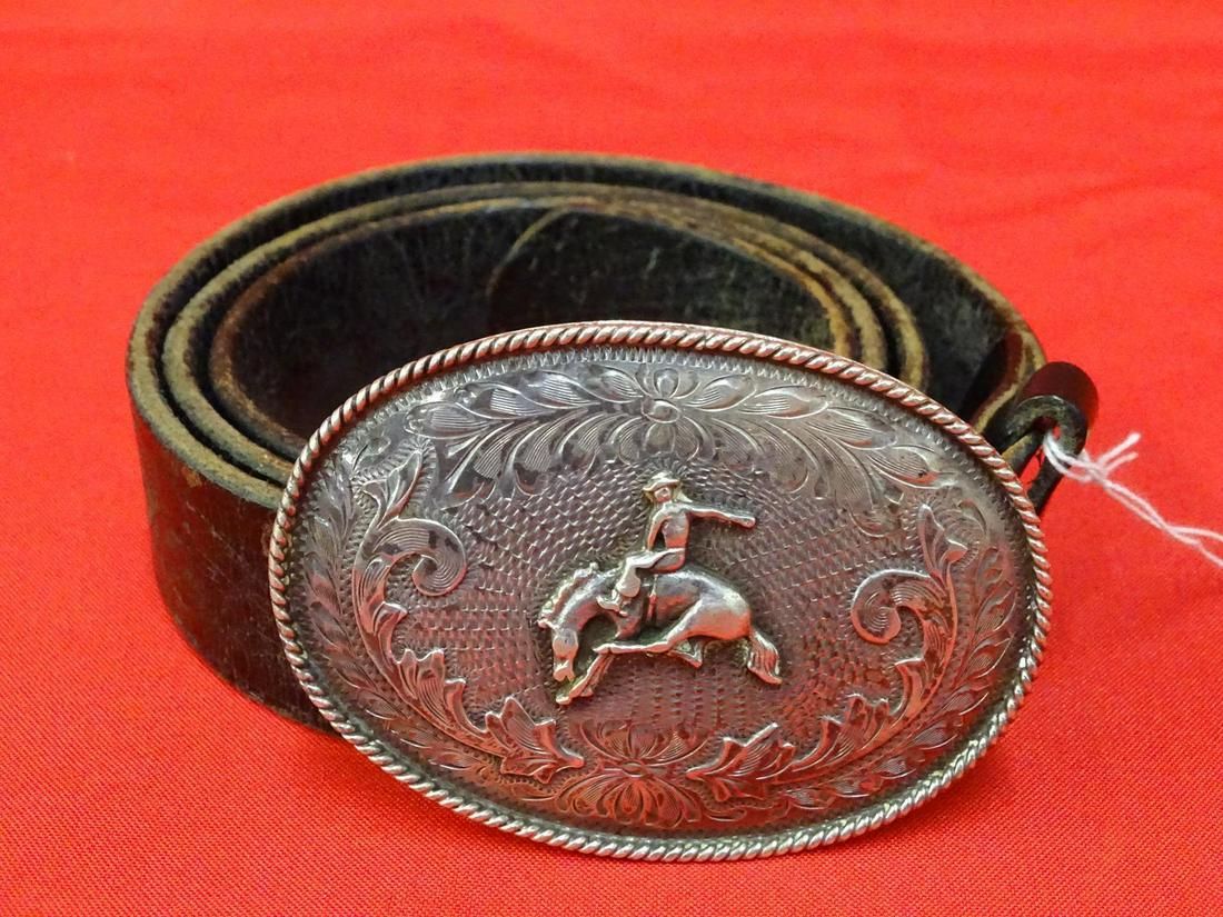 STERLING SILVER BRONCO BELT BUCKLE AND BELT: SEE TITLE