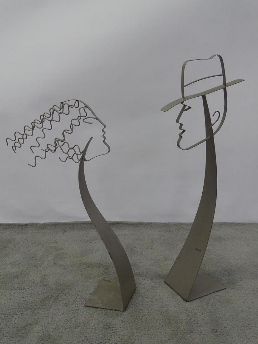 PAIR CURTIS JERE FLOOR STANDING SCULPTURES: 32" AND 27". WEAR THROUGHOUT