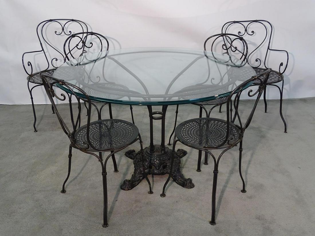 FRENCH GARDEN TABLE AND CHAIRS: MARKED LV - FRANCE ON TABLE BASE