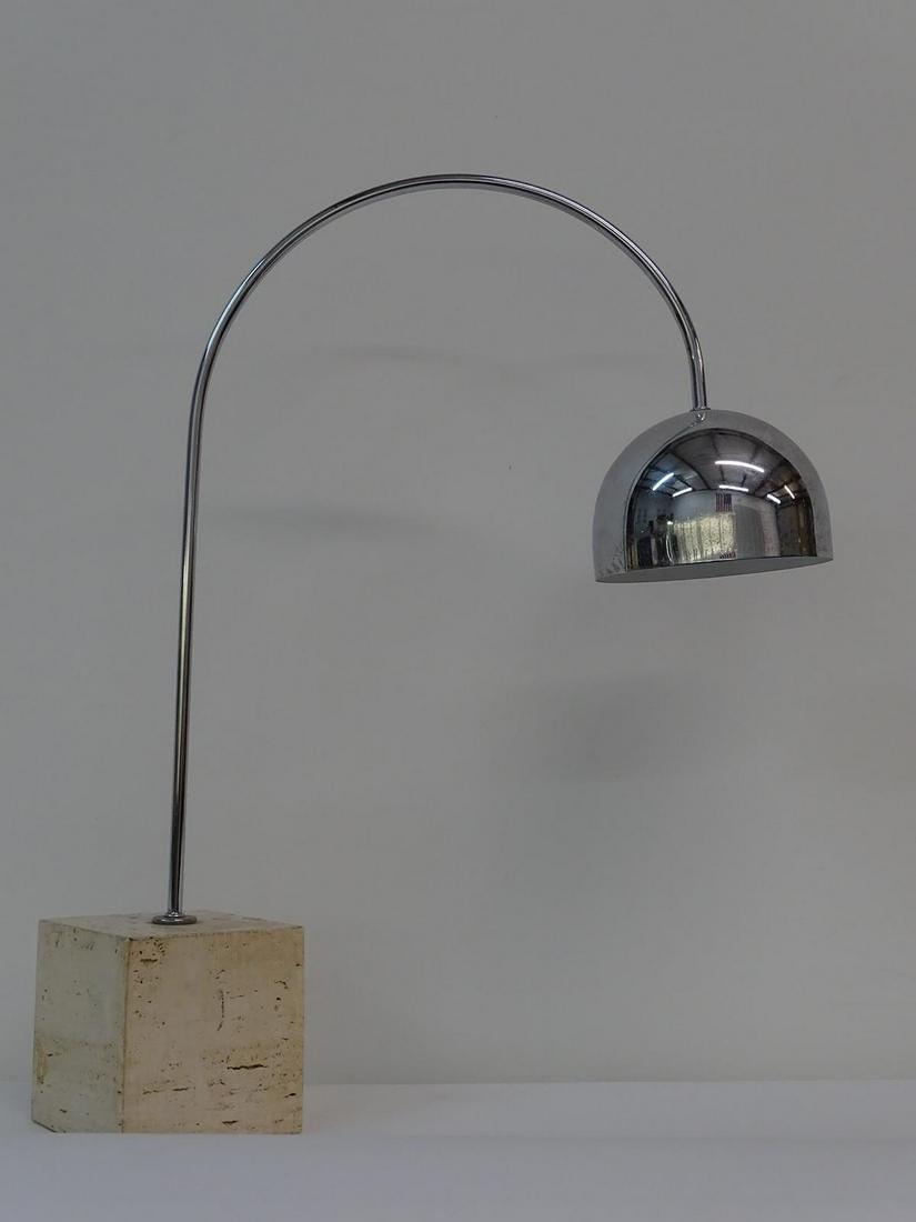 HARVEY GUZZINNI - ITALY, ARC LAMP: HAVING A TRAVERTINE BASE WITH CHROME STEM AND SHADE. 24"H