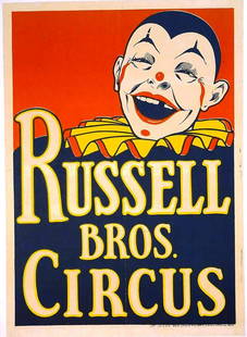 RUSSELL BROS. CIRCUS TITLE POSTER: HALF SHEET, ERIE LITHO, 1935. FEATURING CLOWN AND TITLE. LINEN BACKED, LIGHT FOLDS. 19.5"X27.5"