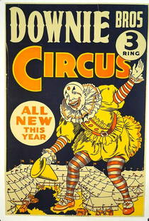 DOWNIE BROS. 3-RING CIRCUS POSTER: ONE SHEET, U.S. PRINTING, 1930'S. FEATURING CLOWN WITH BIG-TOP BACK DROP. LINEN BACKED, PROFESSIONALLY RESTORED. TRIMMED MARGINS, RUBBING. 26.75"X40.5"