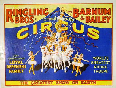 RINGLING BROS. AND BARNUM & BAILEY CIRCUS POSTER: HALF SHEET, ERIE LITHO, 1934. FEATURING THE CELEBRATED LOYAL REPENSKI FAMILY, WORLD'S GREATEST RIDING TROUPE. LINEN BACKED, RESTORED LOSS AT MARGIN, CLOSED TEARS. 20.75"X27"