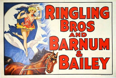 RINGLING BROS. AND BARNUM & BAILEY POSTER: ONE SHEET, CENTRAL PRINTING & ILLINOIS LITHO, 1933. LINEN BACKED, PROFESSIONALLY RESTORED. IN-PAINTING AT FOLDS. BRIGHT AND BRILLIANT IMAGE. 28"X42"