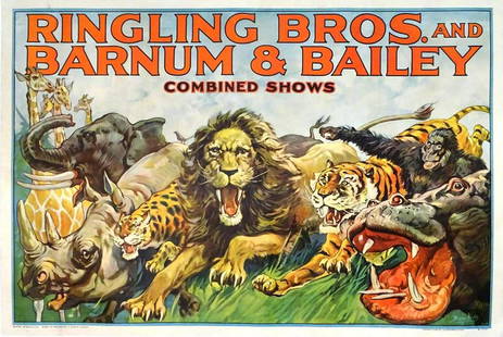 RINGLING BROS. AND BARNUM & BAILEY COMBINED SHOWS: ONE SHEET, MORGAN LITHO, 1932. FEATURING A GROUP OF CHARGING ANIMALS. LINEN BACKED, PROFESSIONALLY RESTORED. FAINT FOLDS. A BRIGHT, BRILLIANT IMAGE. 27.75"X40.5"