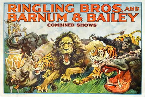 RINGLING BROS. AND BARNUM & BAILEY COMBINED SHOWS: ONE SHEET, MORGAN LITHO, 1932. FEATURING A GROUP OF CHARGING ANIMALS. LINEN BACKED, PROFESSIONALLY RESTORED. FAINT FOLDS. A BRIGHT, BRILLIANT IMAGE. 27.75"X40.5"