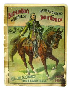 1907 BUFFALO BILL'S WILD WEST PROGRAM: ORIGINAL PROGRAM. INCLUDES PROGRAM AND HISTORICAL SKETCHES. TAPE AND CHIPPING OF COVER. GOOD CONDITION.