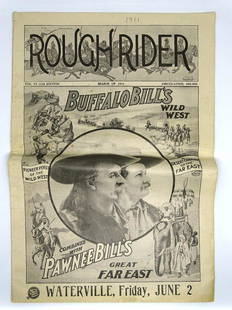 1911 BUFFALO BILL'S WILD WEST COURIER: ORIGINAL COURIER. MAILER FOR WATERVILLE. A VERY SCARCE COURIER FOR THE SHOW FEATURING DISPLAYS OF THE ASSOCIATED ACTS. CURLING FROM FOLDS. OVERALL GOOD CONDITION.