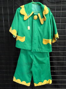 FRANKIE SALUTO (1906-1982) CLOWN WARDROBE: FAMOUS RINGLING CLOWN WARDROBE. GREEN WITH YELLOW SCALLOP TRIM JACKET AND PANTS