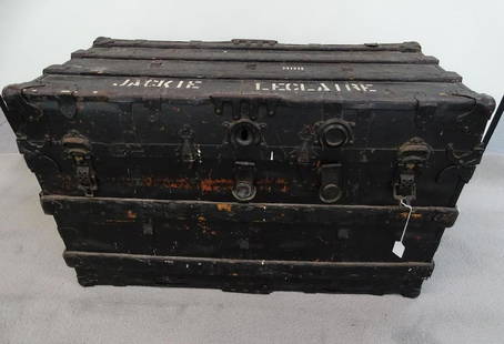 JACKIE LECLAIRE (1927-2019) TAYLOR TRUNK: LECLAIRE'S TRUNK AS MARKED. PURPORTEDLY HIS FATHER JACK'S TRUNK, HAVING KEPT THE ICONIC "FAT MAN" SUIT FOR STORAGE AND TRANSPORT