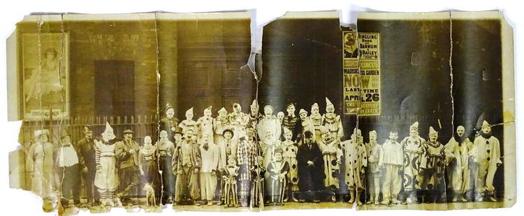 EDWARD J. KELTY (1888-1967) PHOTOGRAPH: ORIGINAL KELTY PHOTGRAPH OF THE 1924 CLOWNS. 5 VERTICAL SEPARATIONS WITH TAPE REPAIRS. STAMP ON VERSO.
