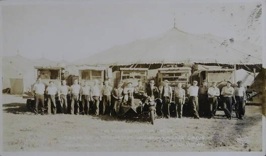 EDWARD J. KELTY (1888-1967) PHOTOGRAPH: KELTY PHOTOGRAPH OF THE RBBB CIRCUS TRACTOR DEPARTMENT, THE POWER BEHIND THE CIRCUS, NEW LONDON, CT., 1934. UNSTAMPED.