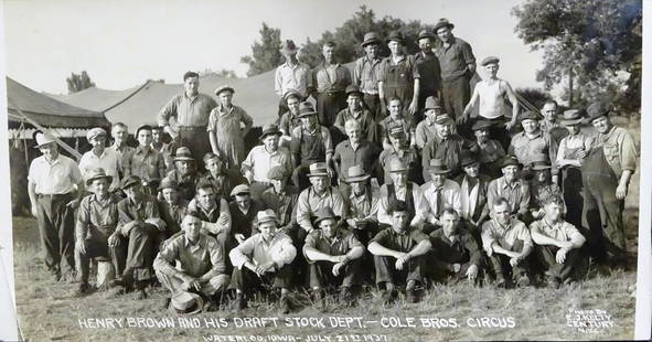 EDWARD J. KELTY (1888-1967) PHOTOGRAPH: KELTY PHOTOGRAPH OF THE COLE BROS. CIRCUS DRAFT STOCK DEPARTMENT, WATERLOO, IA., 1937. BORDERS TRIMMED, UNSTAMPED.