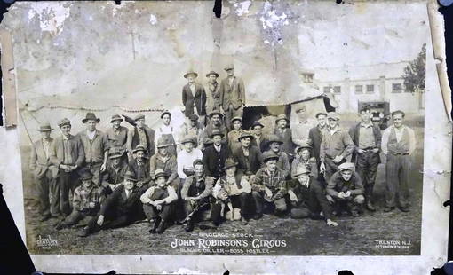 EDWARD J. KELTY (1888-1967) PHOTOGRAPH: ORIGINAL KELTY PHOTOGRAPH OF THE JOHN ROBINSON CIRCUS, BAGGAGE STOCK, TRENTON, N.J., 1929. LOSS, STAINING, ABRAISIONS. STAMP ON VERSO.