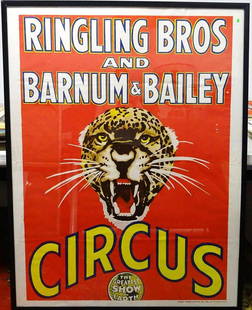 RINGLING BROS. AND BARNUM & BAILEY CIRCUS POSTER: TWO SHEET, MURRAY POSTER PRINTING, 1960'S. CLASSIC LEOPARD HEAD ON RED FIELD. FOLDS EVIDENT. HAS NOT BEEN EXAMINED OUTSIDE OF FRAME. 42.5"X54.5"