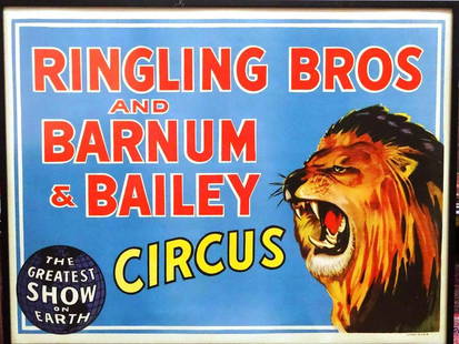 RINGLING BROS. AND BARNUM & BAILEY CIRCUS POSTER: HALF SHEET, 1940'S. SHOW TITLE WITH ROARING LION. BRILLIANT COLOR, EXCELLENT CONDITION. HAS NOT BEEN EXAMINED OUTSIDE OF FRAME. 21"X27"