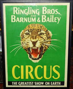 RINGLING BROS. AND BARNUM & BAILEY CIRCUS POSTER: HALF SHEET, 1940'S. CLASSIC LEOPARD HEAD ON GREEN FIELD. FOLDS EVIDENT BUT OVERALL GOOD CONDITION. HAS NOT BEEN EXAMINED OUTSIDE OF FRAME. 21"X28"