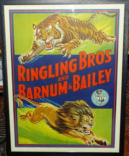 RINGLING BROS. AND BARNUM & BAILEY CIRCUS POSTER: HALF SHEET, 1945. FEATURING A CHARGING LION AND TIGER. CENTERFOLD, BRILLIANT COLORS WITH STRIKING IMAGE. 21"X28"