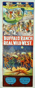 BUFFALO RANCH REAL WILD WEST POSTER: PANEL, RIVERSIDE, 1920'S. LITHOGRAPH POSTER FEATURING THE REAL INDIAN WAR DANCE, LESSON IN PIONEER DAYS, GAMES OF THE REAL RED MEN. LINEN BACKED, RESTORED LOSS, IN-PAINTING, CLOSED TEARS. 21"X56"
