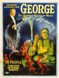 GEORGE THE SUPREME MAST OF MAGIC POSTER: HALF SHEET, OTIS LITHO CO., 1920'S. FEATURING GEORGE THE SUPREME MASTER OF MAGIC. LINEN BACKED, SOME WRINKLING IN LOWER IMAGE WITH STAINING AT BORDERS. CHIPPING AND TEARS AT LOWER MARGIN. 