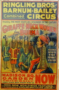 RINGLING BROS. AND BARNUM & BAILEY WINDOW CARD: TOOKER LITHO CO., 1933. FEATURING THE GIRAFFE-NECK WOMEN FROM BURMA - MADISON SQUARE GARDEN, 1933. MINOR WEAR, HAS NOT BEEN EXAMINED OUT OF PACKAGING. 14"X22.5"