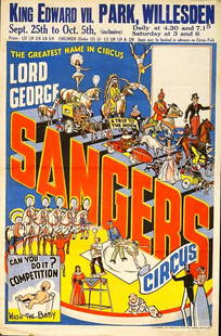 SANGERS CIRCUS POSTER: HALF SHEET, W.E. BERRY PRINTING, 1940'S. FEATURING A DISPLAY OF ACTS. FOLDS, MINOR EDGE WEAR. REVERSE IS PRINTED ON RECYCLED MAP. 19.75"X30"