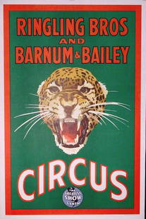 RINGLING BROS. AND BARNUM & BAILEY POSTER: ONE SHEET, 1950'S. CLASSIC LEOPARD HEAD ON GREEN FIELD. LINEN BACKED, EXCELLENT CONDITION. 28"X42"