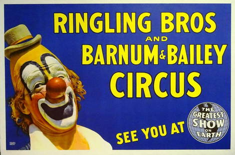 RINGLING BROS. AND BARNUM & BAILEY POSTER: ONE SHEET, 1940'S. LOU JACOBS AND SHOW TITLE SHEET. LINEN BACKED. EXCELLENT CONDITION. 28"X42"