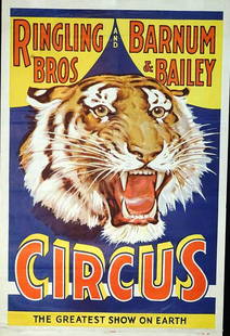 RINGLING BROS. AND BARNUM & BAILEY CIRCUS: ONE SHEET, ERIE LITHO, 1938. FEATURING TIGER HEAD ON BLUE FIELD. FOLDS, RUBBING, REMNANTS OF DATE TAG. 27"X41"