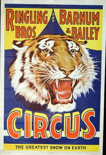 RINGLING BROS. AND BARNUM & BAILEY CIRCUS: ONE SHEET, ERIE LITHO, 1938. FEATURING TIGER HEAD ON BLUE FIELD. FOLDS, RUBBING, REMNANTS OF DATE TAG. 27"X41"