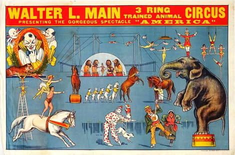 WALTER L. MAIN 3 RING TRAINED WILD ANIMAL SHOWS: ONE SHEET, MILWAUKEE RIVERSIDE PRINT CO., 1920'S. FEATURING A DISPLAY OF ACTS ON THE SHOW. LINEN BACKED, WATER DAMAGE TO THE LEFT MARGIN, TEAR AT LOWER MARGIN. 28"X42"