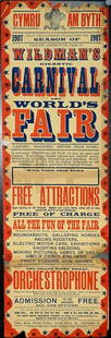 WILDMAN'S CARNIVAL AND WORLD'S FAIR: BROADSIDE, WILLSON'S NEW WALK, 1907. TAPE, LOSS. 11"X35"