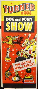 TURNER BROS. DOG AND PONY SHOW POSTER: CENTRAL SHOW PRINTING, 1950'S. LOSS AT BORDER, FOLDS. 14"X34"