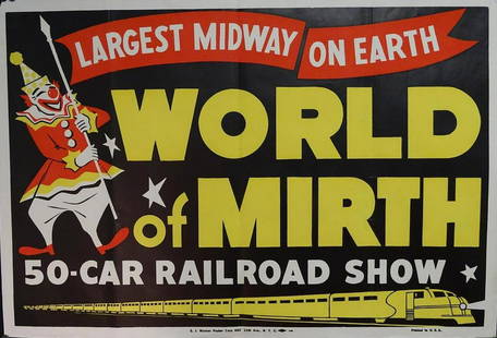 WORLD OF MIRTH 50-CAR RAILROAD POSTER: ONE SHEET, E.J. WARNER PRINTER, 1950'S. FOLDS, LOSS AT UL CORNER. 27"X41"