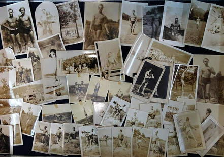 EXTENSIVE PHOTO COLLECTION - STRONGMEN: C.1930, MANY TAKEN AT THE CHARLES ATLAS CAMP. DEPICTING IMAGES OF STRENTH WITH ACTS AND POSE.