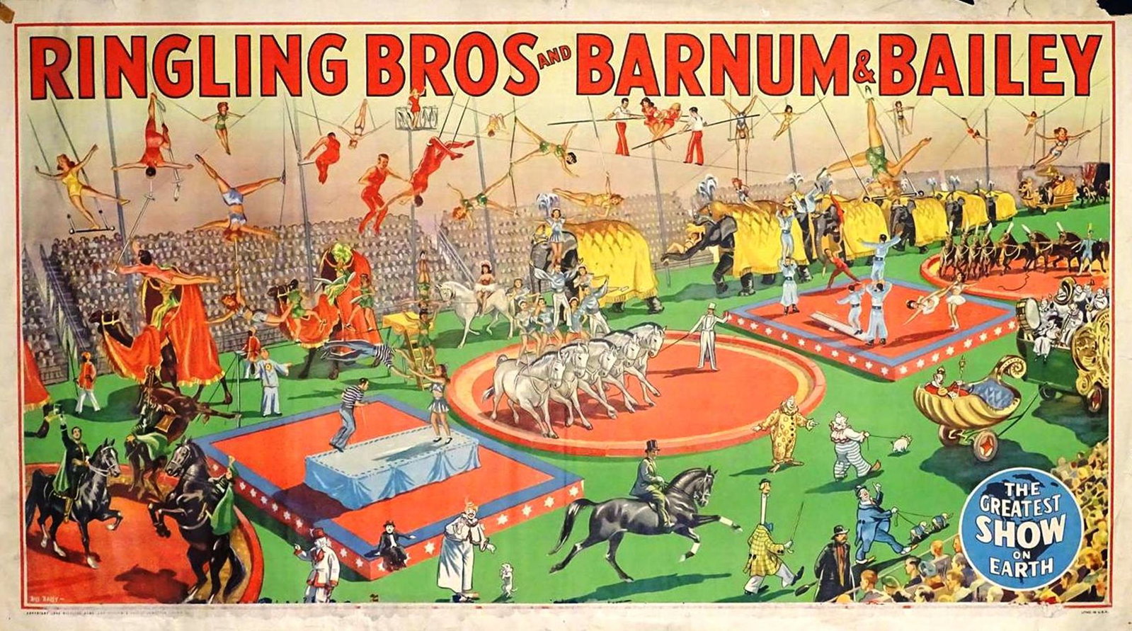RINGLING BROS. AND BARNUM & BAILIEY CIRCUS POSTER: ONE SHEET, 1945. BILL BAILEY DESIGN. TEARS, TAPE, LOSS, DATE TAG REMNANT, FOLDS. 23.25"X42"