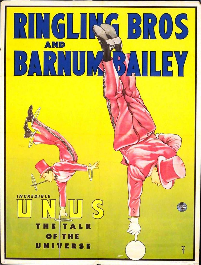 RINGLING BROS. AND BARNUM & BAILEY CIRCUS - UNUS: HALF SHEET, 1948. FEATURING THE TALK OF THE UNIVERSE, UNUS. FOLDS, TEAR AT LOWER MARGIN. 20.5"X26"