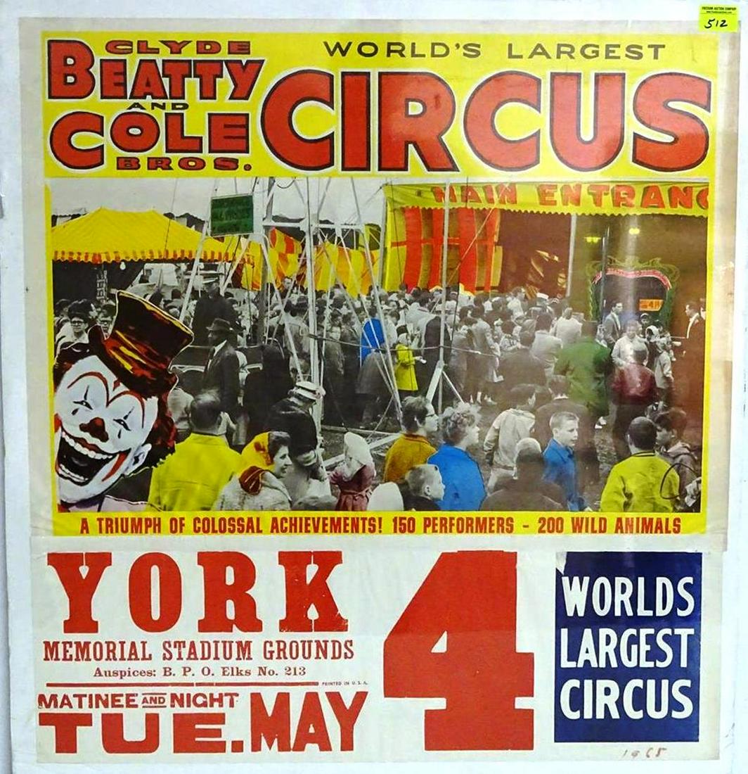CLYDE BEATTY - COLE BROS. CIRCUS POSTER: HALF SHEET WITH DATE TAIL, 1960'S. OVERALL GOOD CONDITION, HAS NOT BEEN EXAMINED OUTSIDE OF MOUNTING. 28"X30"