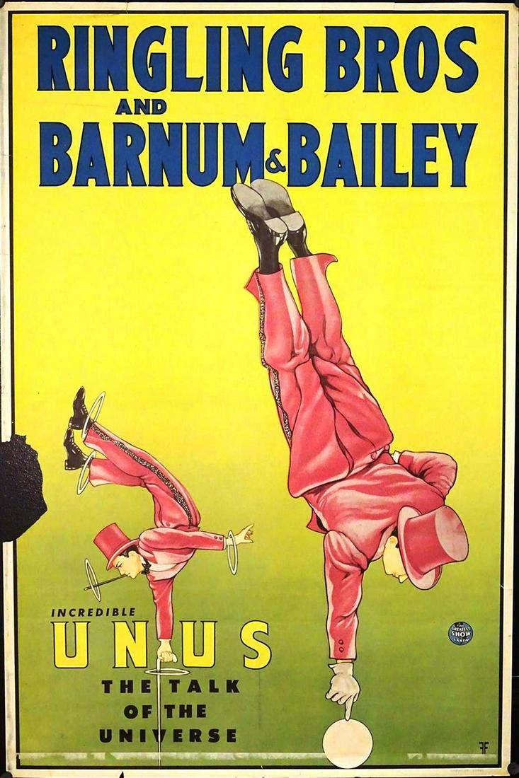 RINGLING BROS. AND BARNUM & BAILEY CIRCUS POSTER: ONE SHEET, 1948. FEATURING UNUS, TALK OF THE UNIVERSE. LOSS AT LEFT MARGIN, REMNANTS OF DATE TAIL. 27"X41"