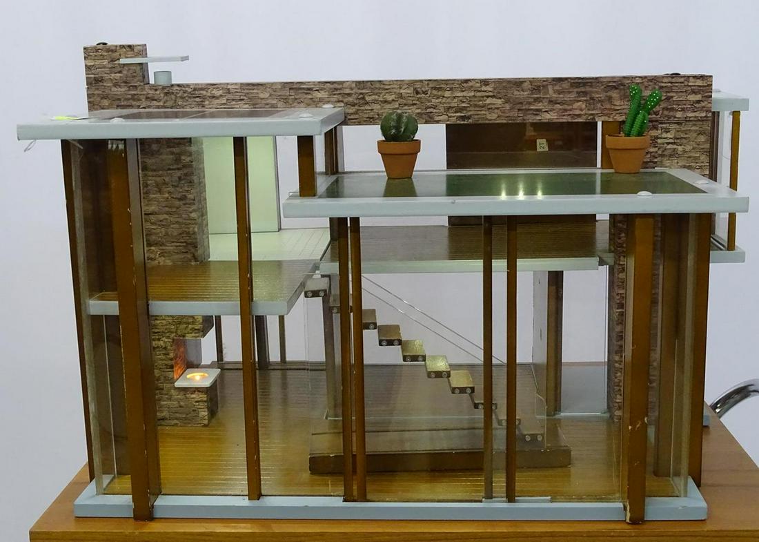 UNIQUE HAND-MADE MID-CENTURY MODERN MODEL HOME: ARCHITECTURAL MODEL. CUSTOM MADE HOME IS COMPLETE WITH SOLAR POWERED LED LIGHTING AND FIREPLACE. 22"X29"X17"