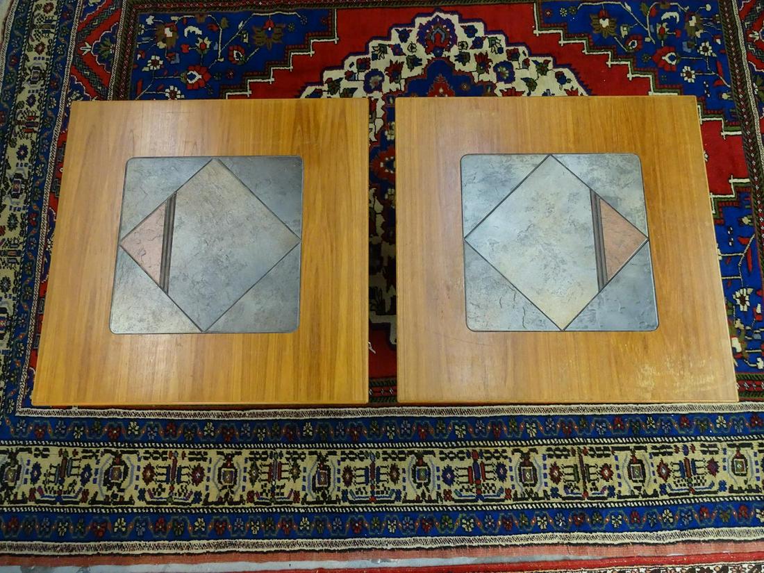 GANGSO (ATTR.) TILE INSET TEAK SIDE TABLES: 27" TOP, 19"H