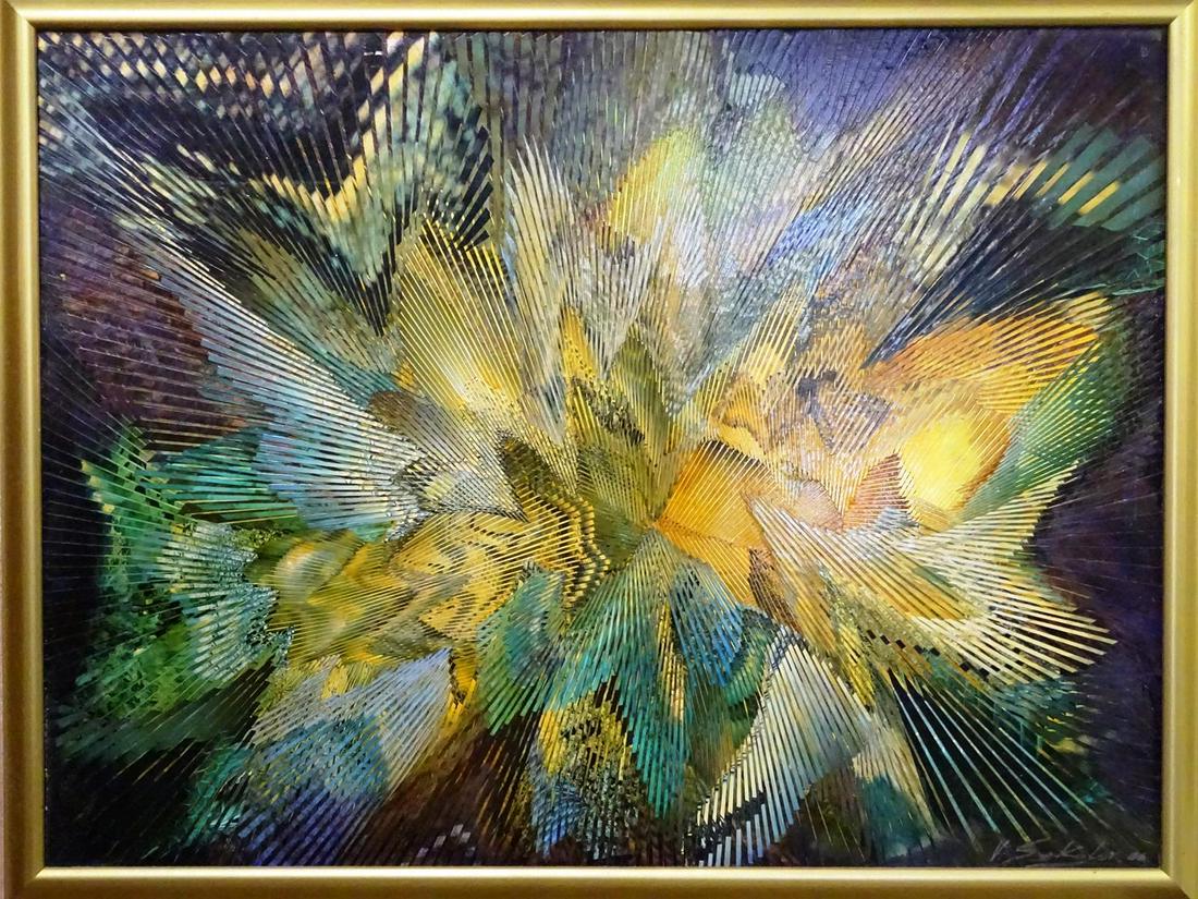 VLADIMIR SOKOLOV (1923-98, RUSSIA) PAINTING: ORIGINAL MIXED ACRYLIC COLLAGE PAINTING TITLED "BEVERLY", 1986. INCLUDES COA. 86"X46"